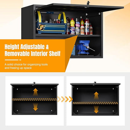 Metal Wall Storage Cabinet Adjustable Shelf 22'' Tall Steel Garage Wall Mounted Cabinet Lockable Floating Garage Storage Shop Trailer Tool Assembly Required