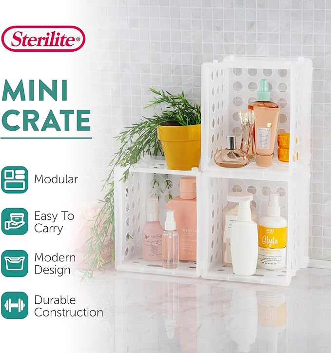 Sterilite Mini Crate, Stackable Plastic Storage Bin with Handles, Organize Home, Garage, Office, School, Dorm Room, Clear, 24-Pack