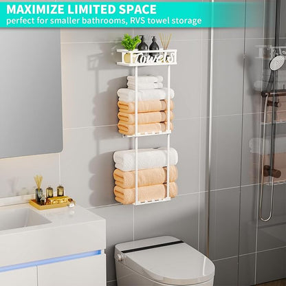 HapiRm Towel Rack Bathroom Storage - 3 Tier Over The Door & Wall Mounted Rolled Towel Racks Holder Organizer with Metal Shelf and 6 Hooks for Small Bathroom, Camper, Rv - White
