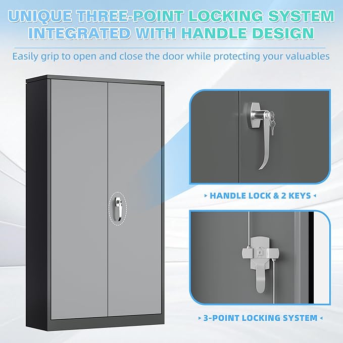 Bonusall Garage Cabinet with Lock, 2 Doors Metal Tool Cabinets with 4 Adjustable Shelves, Lockable Steel Cabinet for Home Office, Warehouse，School(Black Grey)