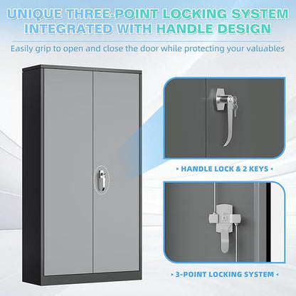 Bonusall Garage Cabinet with Lock, 2 Doors Metal Tool Cabinets with 4 Adjustable Shelves, Lockable Steel Cabinet for Home Office, Warehouse，School(Black Grey)