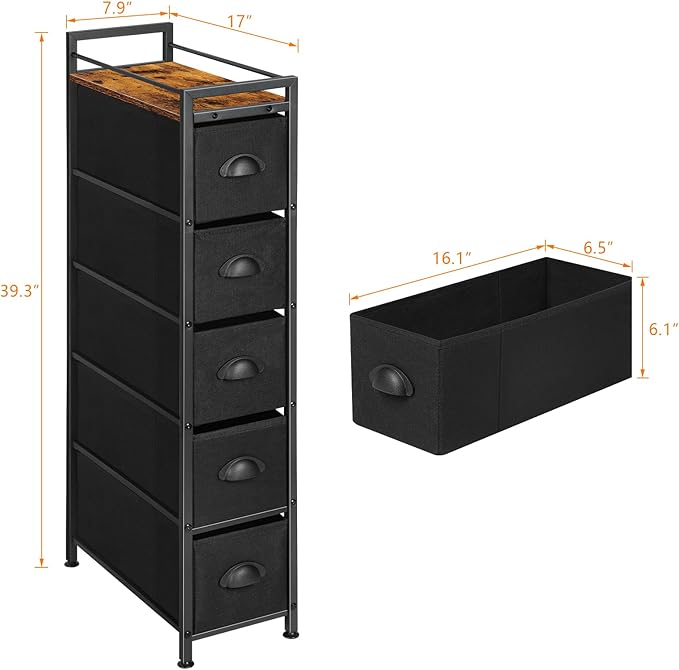 HAITRAL 5 Drawers Narrow Dresser, Fabric Drawer Storage Cabinet, Vertical Standing Storage Chest, Gaps Organizer with Removable Drawers and Wooden top for Laundry, Living Room, Entryway (Black)