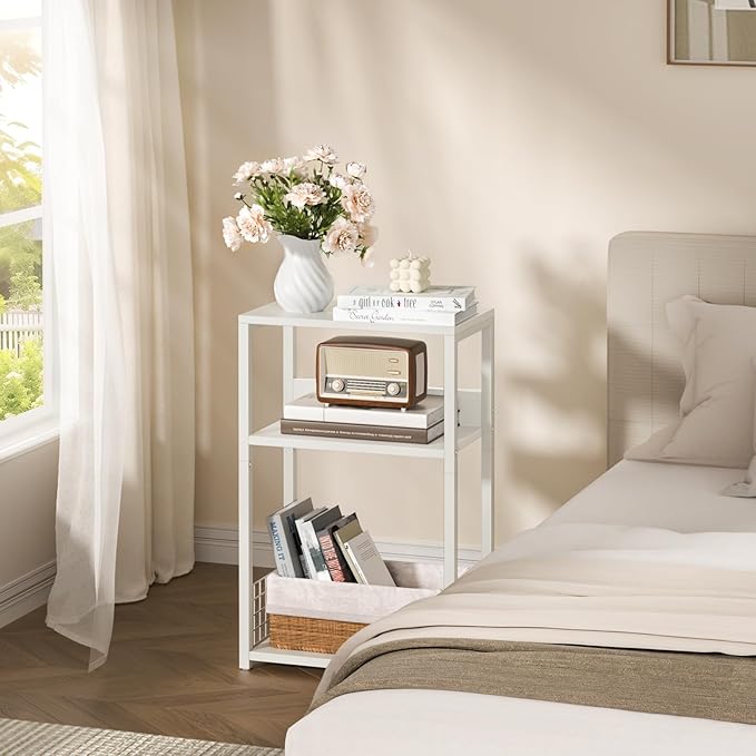 LELELINKY White Side Table,Small Printer Stand with Storage Shelf,3 Tier Industrial Bedside Tables,Vinyl Record Player Stand,Modern Sofa Night Stands for Living Room Bedroom Office Small Spaces