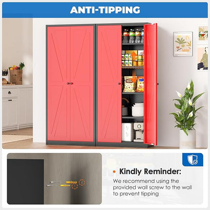 INTERGRAET 63" H Pantry Cabinet, Kitchen Pantry Storage Cabinets with 2 Doors and 4 Shelves, Metal Storage Cabinet,Cupboard for Home,Kitchen,Living Room/Dining, Black Red