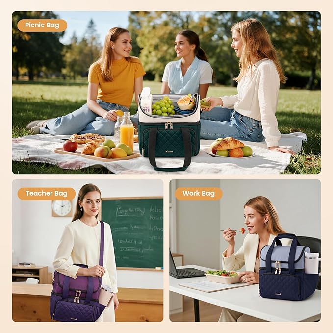 LOVEVOOK Insulated Lunch Bag For Women,Large Double Deck Adult Lunch Box,Teacher Lunch Tote Bag With Cup Holder,Leakproof Cooler Bag With Adjustable Shoulder Strap For Work Picnic Beach