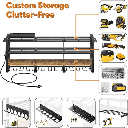 49.5" W Large Power Tool Organizer with Charging Station, 4 Layer Heavy Duty Utility Rack Loads 800lbs, Holds 8 Cordless Drills, Wall Mount Tool Shelf with 8-Outlet Power Strip, Gift for Men