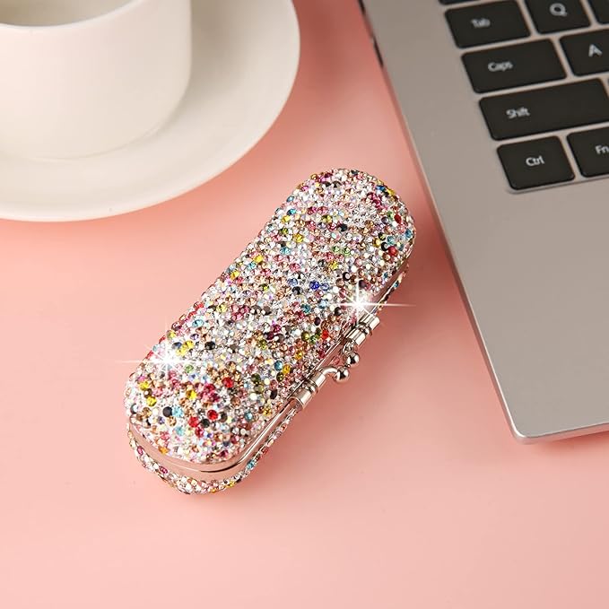 AsAlways Shiny Rhinestone Crystal Portable Lipstick Case with Mirror Portable Bling Diamonds Makeup Cosmetic Storage Holder for Travel Ladies Fashion