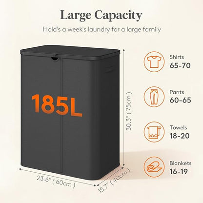 Lifewit 185L Large 3 Section Laundry Hamper with Lid, Plastic Laundry Basket with Bamboo Handles and Removable Bags, Tall Foldable Clothes Hamper for Bathroom Bedroom, Black