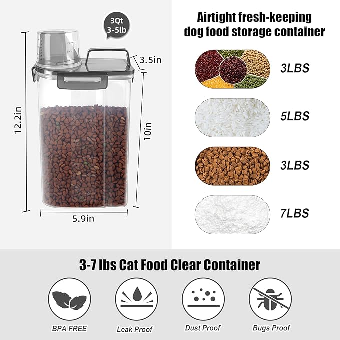 3-5Lbs Airtight Small Cat Dog Pet Food Storage Containers BPA Free, with Large Pour Spout/1 Measuring Cup/ 4 Safety Locks and Double-layer Silicone Strip (Clear Black 2Pack)