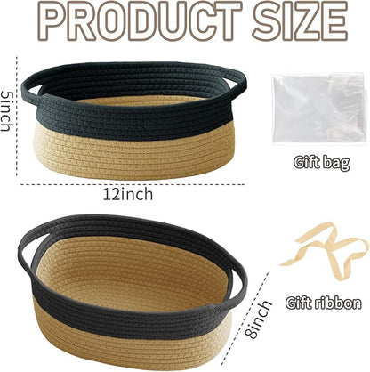 Woven Basket,Small Rope Storage Bin with Handles & Ribbon Bag, Organizer for Shelves Closets,Gift Basket Empty for Birthday,Books,Dog Toys, Black&Jute