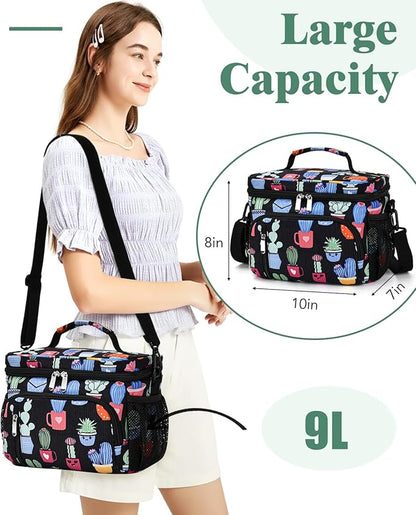 Insulated Lunch Bag for Men & Women, 9L Leakproof Lunch Box Soft Cooler Tote with 5 Pockets, 600D Oxford, EVA Lining, Adjustable Strap for Work, Picnic, Beach&Travel-Corduroy Cactus