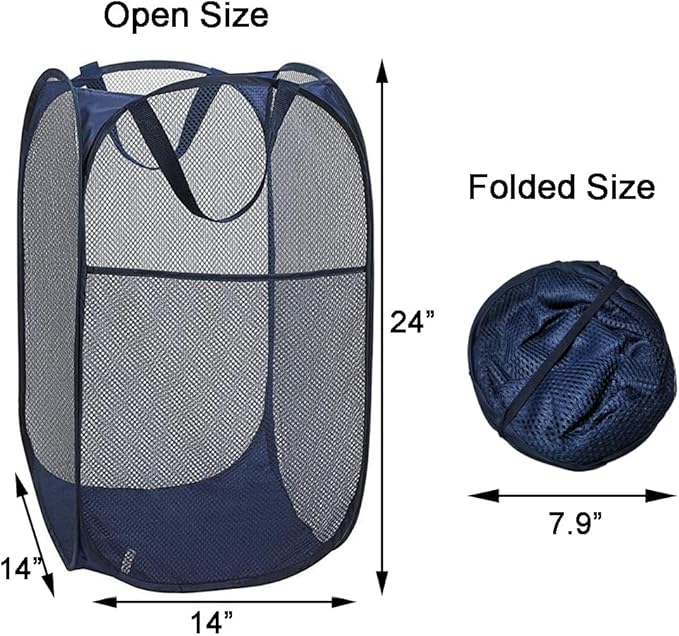 2 Packs Mesh Pop up Laundry Hamper (Black/Navy Blue) with Portable Durable Handles, Collapsible for Storage, Folding Pop-Up Clothes Hampers for Apartment, Home, College Dorm or Travel