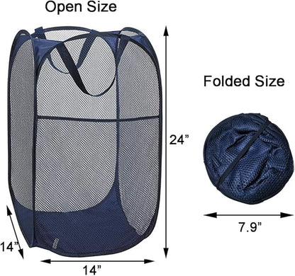 2 Packs Mesh Pop up Laundry Hamper (Black/Navy Blue) with Portable Durable Handles, Collapsible for Storage, Folding Pop-Up Clothes Hampers for Apartment, Home, College Dorm or Travel