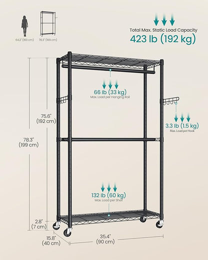 SONGMICS Heavy-Duty Rolling Clothes Rack, Garment Rack, Portable Closet on Wheels, with Adjustable Mesh Shelves and Hanging Rails, Hooks, 15.8 x 35.4 x 78.3 Inches, Ink Black ULGR416BH01