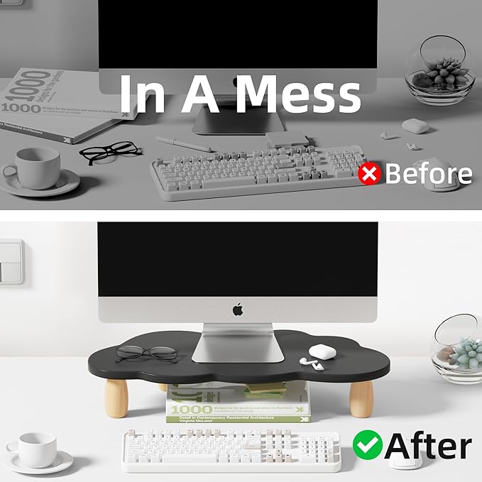 Monitor Stand Riser,Cloud Shape Wood Computer Monitor Stand, 16.5IN Monitor Stand Riser, Multi-Purpose Desktop Organizer Riser for Computer,Laptop,Printer,TV,Black