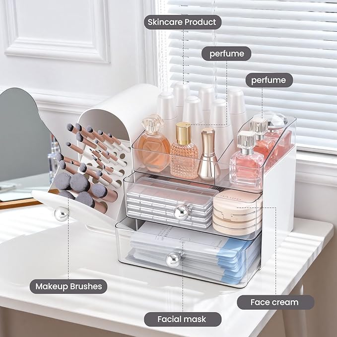 Makeup Organizer,Vanity Organizer with Makeup Brush Holder,Large Skincare Organizers and Bathroom Countertop Organizer,Storage Lipstick,Perfume,Nail Polish,Beauty,Gifts for Women