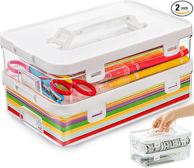 2 Pack Plastic Storage Containers with Lid, Stack & Carry Craft Box with Handle, Multipurpose Office Supplies Organizers, Potable Pencil Storage Bin for Stationery, Crayons, Sewing, Makeup