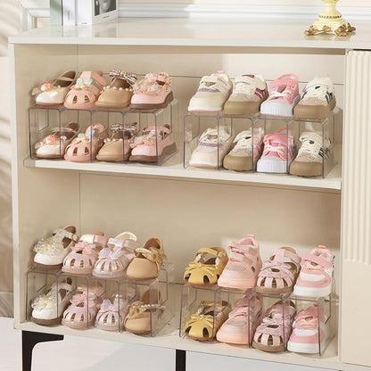 4PACK Clear Acrylic Kids Shoe Rack for Closet Organizers and Storage, Small Clear Shoe Rack 4 Sections Toddler Baby Shoe Storage Organizer Stackable Shoe Shelf,Desk File Sorter Book Purse Organizer