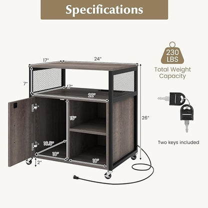Giantex File Cabinet, Lateral Filing Cabinet with Lock, Wheels, Charging Station, Cable Hole, Lockable Side Cabinet, Adjustable Shelves, Metal Frame, Printer Stand for Home Office Small Space (Grey)