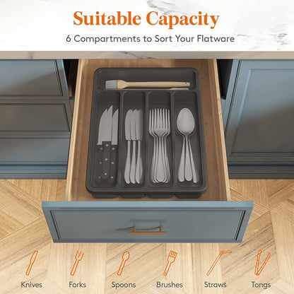 Lifewit Silverware Organizer with Lid, Covered Utensil Tray for Kitchen Drawer and Countertop, Plastic Cutlery and Flatware Storage Box for Spoons Forks Knives Holder Case, 23 x 32 cm, Black
