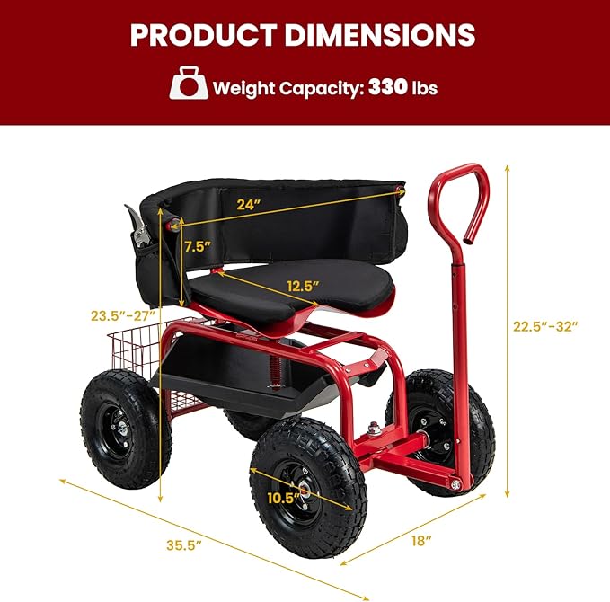Giantex Rolling Garden Cart, 360 Swivel Workseat with 4 Wheels, Removal Cushion & Tool Tray, Storage Basket, Gardening Wagon Scooter with Adjustable Height, Handle (Red)