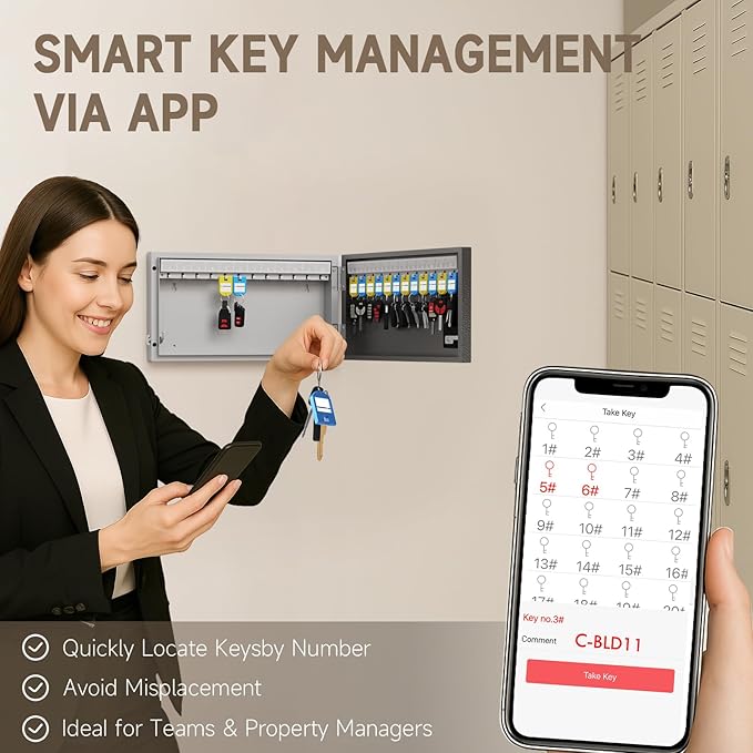 WeHere 24 Key Lock Box Wall Mount, APP Bluetooth/OTP/Wi-Fi/Fixed Code/Key Unlock, Smart Key Cabinet with Key Tag, Key Organizer Holder Box, Key Management Directory for Office, Valet, Realtor, Hotel