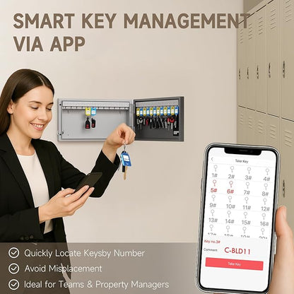 WeHere 24 Key Lock Box Wall Mount, APP Bluetooth/OTP/Wi-Fi/Fixed Code/Key Unlock, Smart Key Cabinet with Key Tag, Key Organizer Holder Box, Key Management Directory for Office, Valet, Realtor, Hotel