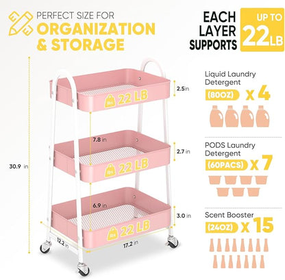 Sekey 3 Tier Rolling Cart Metal, Easy Install Utility Cart on Wheels, Heavy Duty Storage Cart with Lockable Wheels for Baby Nursery, Bathroom, Kitchen, Laundry Room, Pink