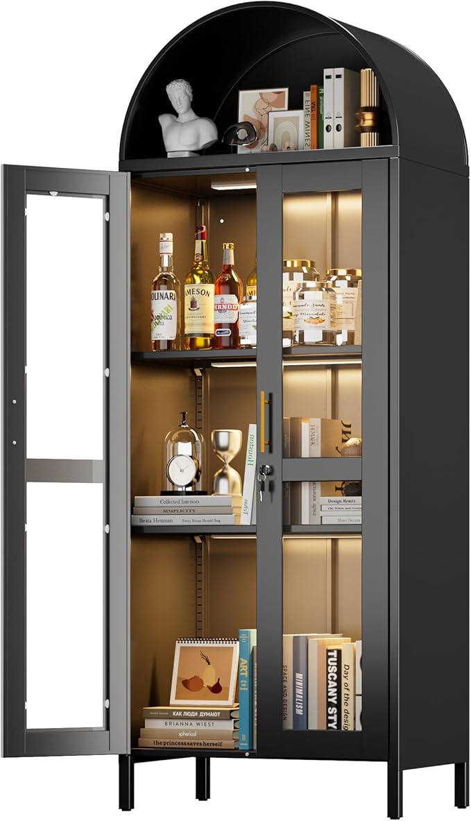 Metal Arched Display Cabinet with Glass Doors,Arch Cabinet with 3 LED Strip and 2 Adjustable Shelves for Home Office,Assembly Required, Black