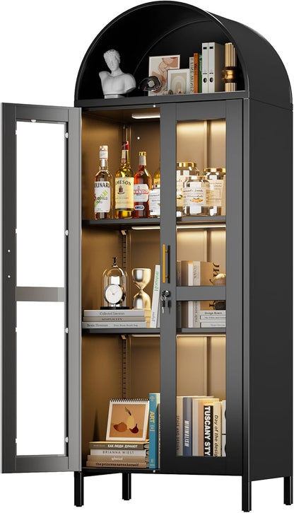 Metal Arched Display Cabinet with Glass Doors,Arch Cabinet with 3 LED Strip and 2 Adjustable Shelves for Home Office,Assembly Required, Black