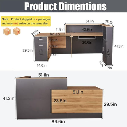 L-Shaped Reception Desk with Lockable Drawers, Adjustable File Cabinet & Keyboard Tray, Modern Front Counter for Office, Salon, or Lobby