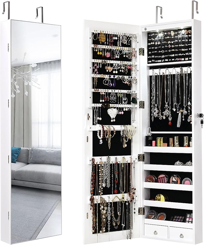 Giantex Wall Door Mounted Jewelry Armoire Cabinet with 47.5" Full Length Mirror, 2 LEDs Lockable Jewelry Organizers and Storage with 2 Drawers, Over the Door Jewelry Organizer Cabinet (White)