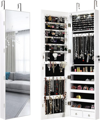 Giantex Wall Door Mounted Jewelry Armoire Cabinet with 47.5" Full Length Mirror, 2 LEDs Lockable Jewelry Organizers and Storage with 2 Drawers, Over the Door Jewelry Organizer Cabinet (White)