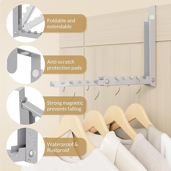 Over The Door Hanger Clothes Drying Rack,Extended Over The Door Hooks with 10 Ridges, Portable Clothing Hanger Hook Collapsible, Folding Hanging Coat Rack for Indoor Laundry Room (1, Grey)