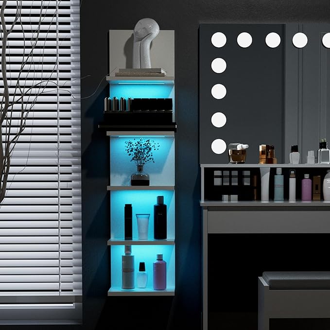 5-Tier Wall Shelf Unit with RGB Light, Floating Lack Shelf for Wall Storage, Wall Mounted Vertical Display Shelf for Bedroom Living Room Vanity, White