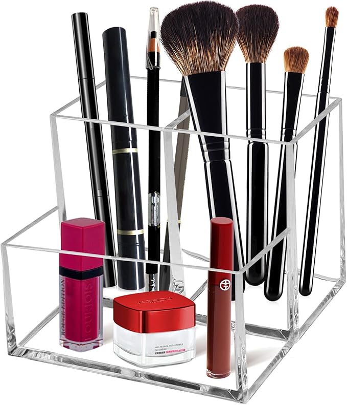 Clear Acrylic Makeup Brush Organizer,Multi-Purpose Cosmetic Brushes Storage Holder with 3 Slots,Pencil Pen Holder for Desk,Desk Organizer and Accessories for Vanity