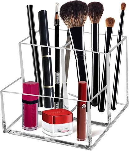 Clear Acrylic Makeup Brush Organizer,Multi-Purpose Cosmetic Brushes Storage Holder with 3 Slots,Pencil Pen Holder for Desk,Desk Organizer and Accessories for Vanity