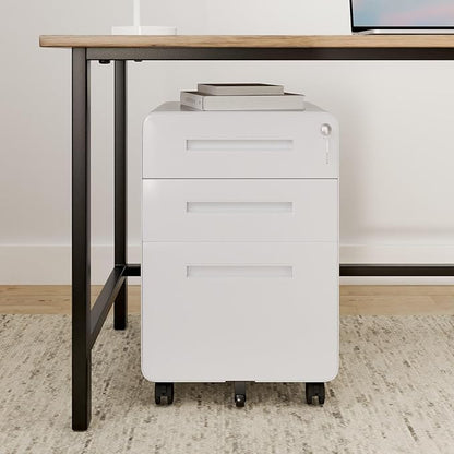 FLEXISPOT Mobile File Cabinet for Home Office 3 Drawer File Cabinet Under Desk Storage Filing Cabinet for Legal/Letter/A4 File,Round Corner Design,White