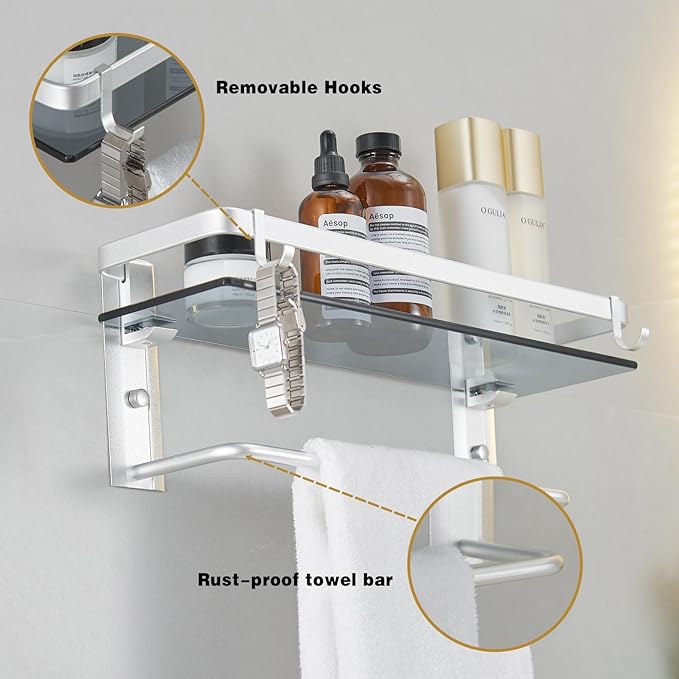 VOLPONE Glass Bathroom Shelf 15.7 in Bathroom Wall Shelf with Towel Holder Tempered Glass Shelf Wall Mount with 2 Removable Hooks Silver（1 Tier）