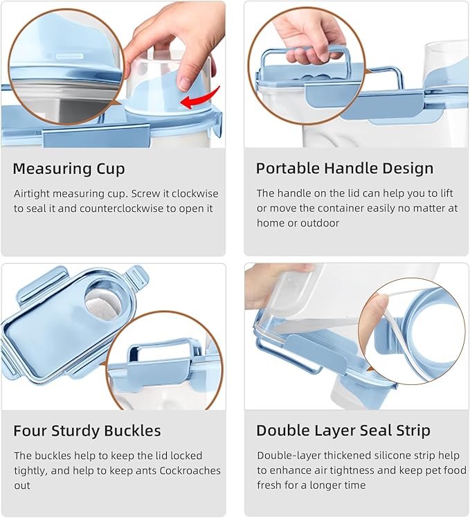 Airtight Small Cat Dog Pet Food Storage Containers BPA Free, with Large Pour Spout/1 Measuring Cup/ 4 Safety Locks and Double-layer Silicone Strip (Elegant Blue, 5L-1pack)