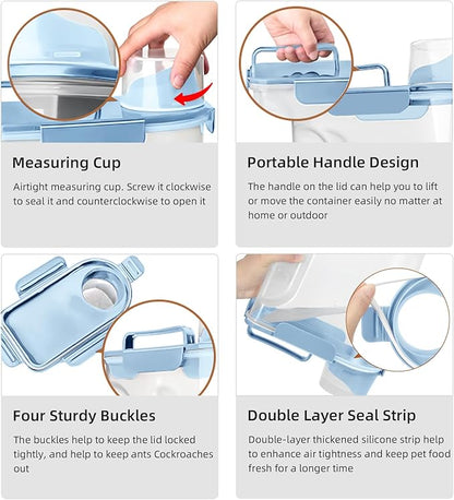 Airtight Small Cat Dog Pet Food Storage Containers BPA Free, with Large Pour Spout/1 Measuring Cup/ 4 Safety Locks and Double-layer Silicone Strip (Elegant Blue, 5L-1pack)