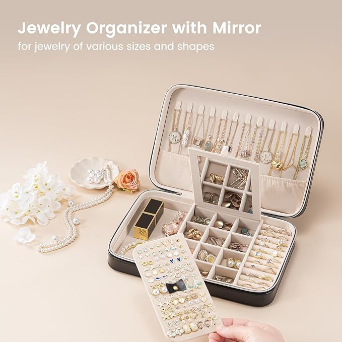Lolalet Travel Jewelry Case for Women Girls, Travel Jewelry Organizer Box with Mirror & Clear Storage Bag, Small Portable Earring Necklace Bracelet Ring Case, Birthday Valentine Gifts -Large, Black