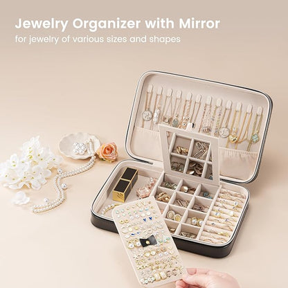 Lolalet Travel Jewelry Case for Women Girls, Travel Jewelry Organizer Box with Mirror & Clear Storage Bag, Small Portable Earring Necklace Bracelet Ring Case, Birthday Valentine Gifts -Large, Black