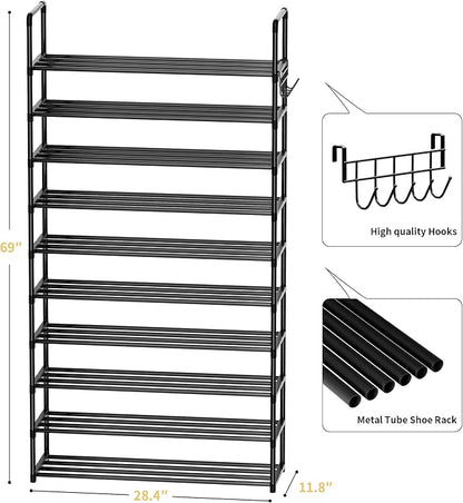 Shoe Rack, 10 Tier Shoe Storage Organizer with Hooks,Fit 40-45 Pairs Shoes,Metal Tall Shoe Shelf for Closet,Entryway, Hallway,Garage,Bedroom,Cloakroom
