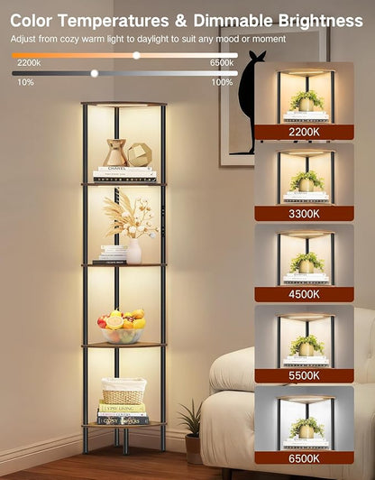 5 Tier Corner Shelf with RGB Lights, Touch & APP & Remote Control, Dimmable Narrow Corner Bookshelf with Music Sync, Display Shelf with Multiple Color Lights for Living Room, Bedroom