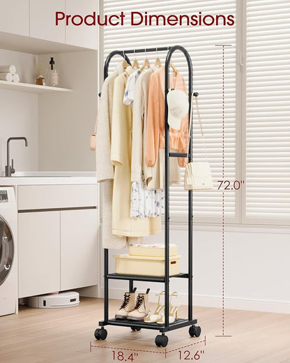 Clothes Rack - Space-Saving Clothing Rack with Wheels, 2-Tier Dense Mesh Shoe Shelves & 4 Hooks, Garment Rack for Bedroom, Entryway, Closet, 18.4" x 12.6" x 72", Black