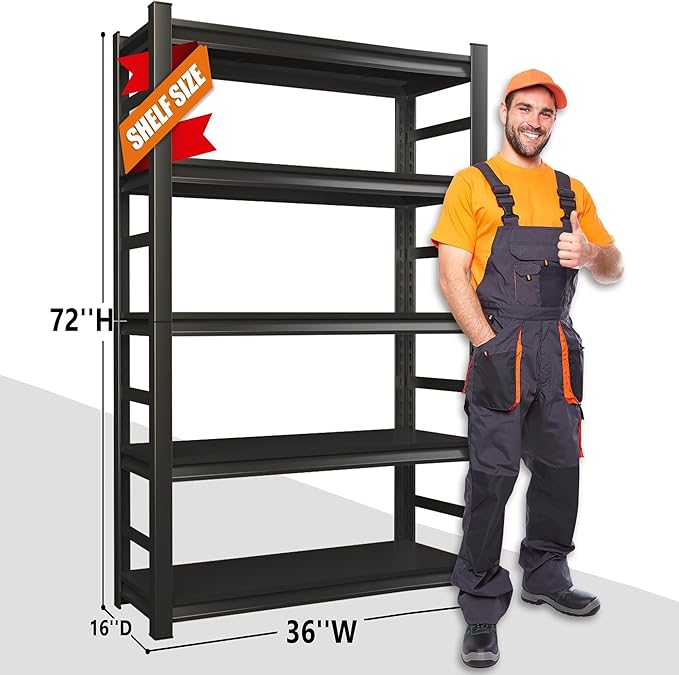 Heavy Duty Storage Shelves, 5-Tier Metal Shelving Unit, Adjustable Steel Shelves, Industrial Metal Shelving, for Warehouse Workshop, Garage, Basement Storage, Black（72" Hx35.4 Wx15.7 D）