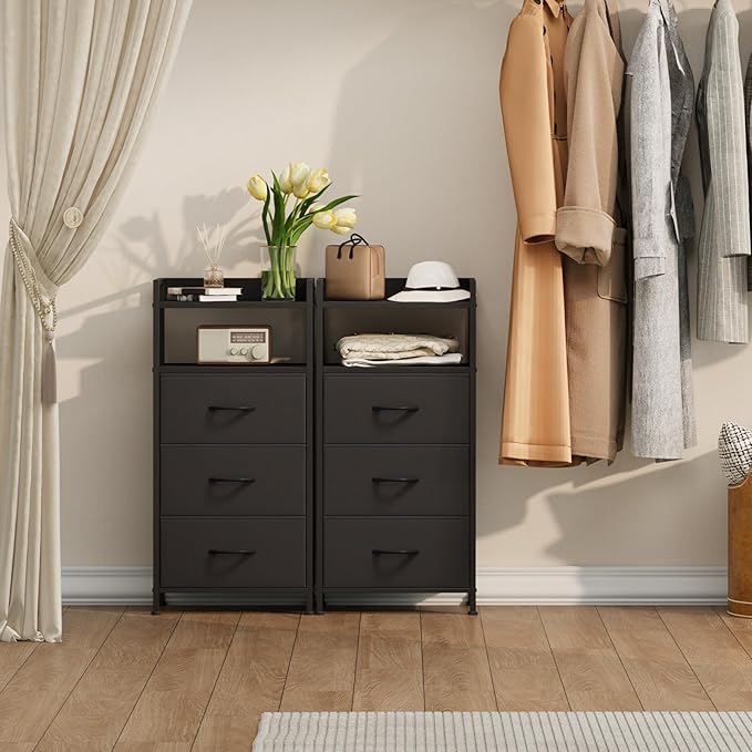 Somdot Nightstand with 3 Drawers, Dresser with Fabric Bins for Bedroom, Hallway, Entryway, Nightstand Bedside Table Furniture, Sturdy Steel Frame, Wooden Top, Easy Pull Fabric Bins, Black