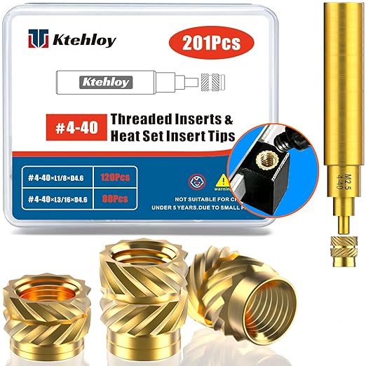 201Pcs #4-40 Threaded Inserts, Female Thread SAE Knurled Nuts Assortment Kit, Brass Heat Set Insert for Plastic and 3D Printing Components