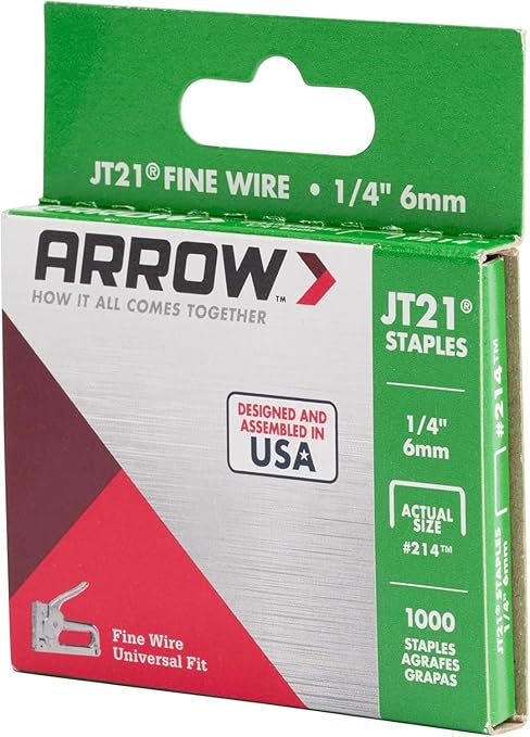 Arrow 214 JT21 Thin Wire Staples for Staple Guns and Staplers, Use for Upholstery, Crafts, General Repairs, 1/4-Inch Leg Length, 7/16-Inch Crown Width, 1000-Pack, Grey